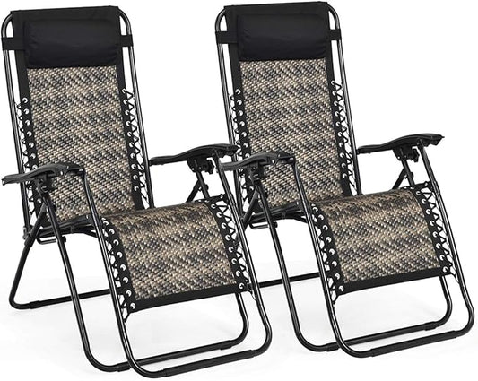 Tangkula Patio Rattan Zero Gravity Lounge Chair, Outdoor Folding Lounge Chair w/Removable Head Pillow, Adjustable Lounge with Widened Armrest & Locking System for Balcony Yard Poolside (2, Gray)