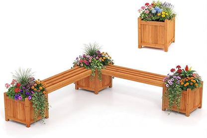 HAPPYGRILL 2-in-1 Outdoor Bench with 2 Raised Garden Beds, 2 Person Patio Bench with Teak Oil Finish, Open-Ended Base, Wooden Garden Bench for Flowerpots, Indoor Patio Yard Porch Decoration (2)