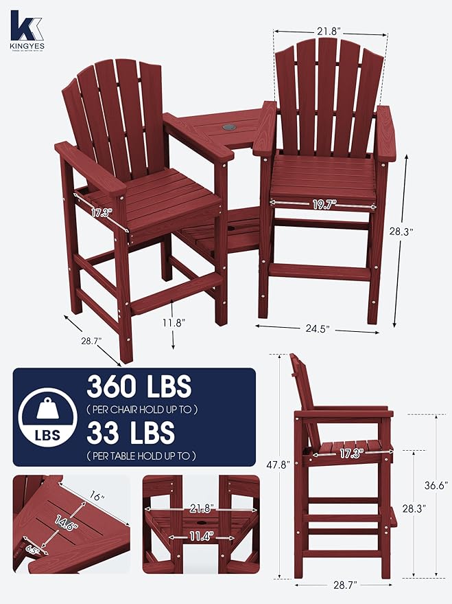 KINGYES Tall Adirondack Chair Set of 2 with 9FT Umbrella, HDPE Tall Adirondack Barstools with Double Connecting Trays, Embossed Bar Height Adirondack Chair for Balcony, Red