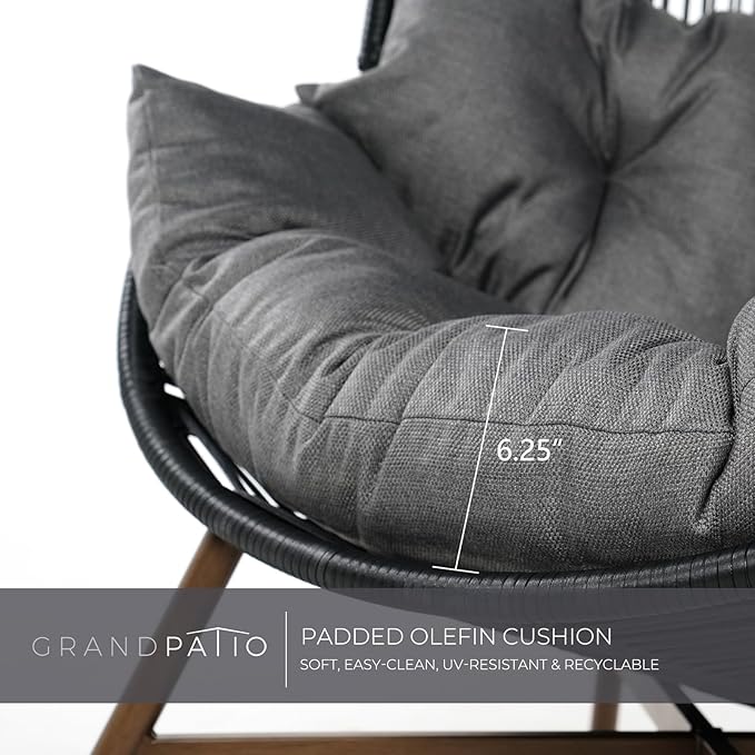 Grand patio Outdoor Egg Chair PE Wicker Wood Grain Finish Comfortable Conversation Chair with Olefin Cushion Oversized Lounger Chair with Stand for Porch, Backyard, Living Room - Dark Grey