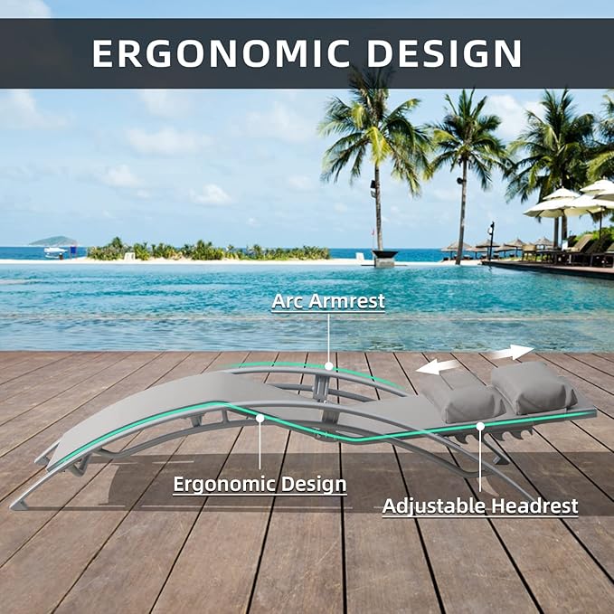 Domi Outdoor Chaise Lounge Set of 2, Aluminum Lounge Chairs with 5 Adjustable Positions, All Weather Patio Lounge Chair for Pool, Garden, Beach, Backyard (Grey)