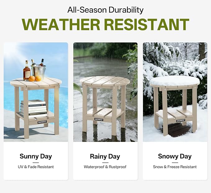 Outdoor Side Table Round - Patio Side Tables - HDPE Small Outdoor End Table for Backyard Pool Porch Balcony - Double - Photo 6