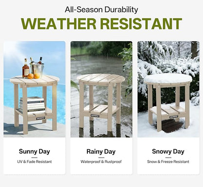Outdoor Side Table Round - Patio Side Tables - HDPE Small Outdoor End Table for Backyard Pool Porch Balcony - Double Layer Storage - Sand (Wood Grain Finish)