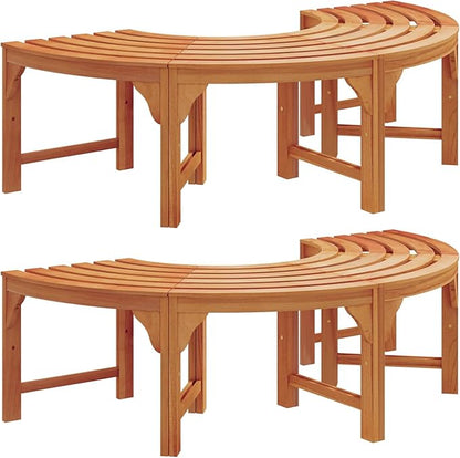 Tree Bench Set 2pcs Natural Solid Eucalyptus Wood Vintage Vibe Garden Patio Bench