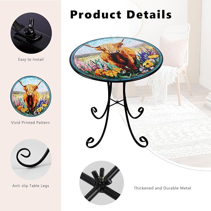 18" Outdoor Side Table, Highland Cattle Round Accent Table, Metal Indoor Small End Tables, Plant Stand Tables for Patio Yard Balcony Garden Bedside