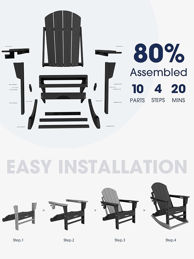 KINGYES Adirondack Rocking Chair Set of 2 with Retractable Ottoman and Cup Holders - Photo 5