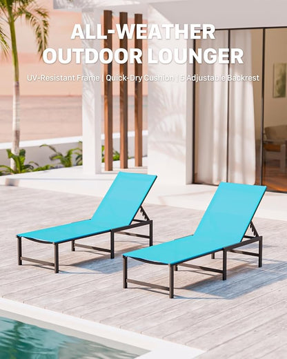 Chaise Lounge Chair Outdoor,Aluminum Patio Lounge Chairs,Lounge Chairs with 5 Adjustable Backrest and Headrest Pillows for Outside Beach,Blue