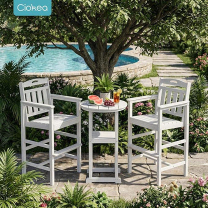 Ciokea 3-Pcs Bistro Table and Chairs, All-Weather Round High Top Bar Table with Storage Shelf and 2 Oversized Adirondack Chairs, Heavy Duty Outdoor Bar Set Patio Bistro Set for Balcony Deck, White
