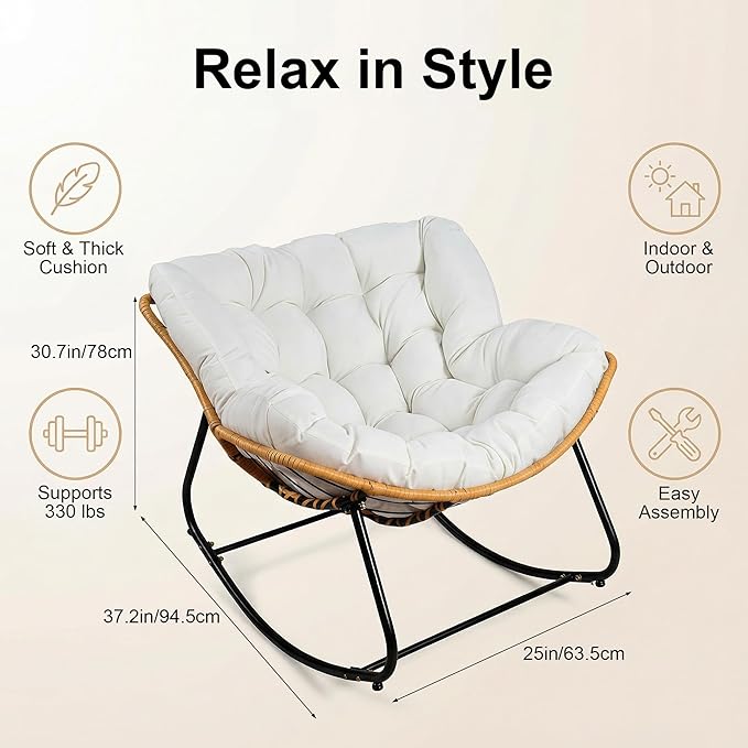 Outdoor Rocking Chair, Papasan Egg Style with Thick Cushion, Comfy Patio Lounge Chair for Balcony, Porch and Living Room - Photo 2