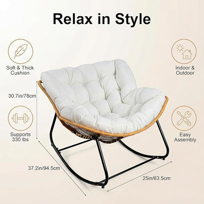 Outdoor Rocking Chair, Papasan Egg Style with Thick Cushion, Comfy Patio Lounge Chair for Balcony, Porch and Living Room, 330 lbs Capacity