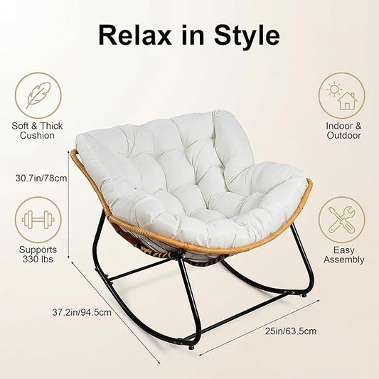 Outdoor Rocking Chair, Papasan Egg Style with Thick Cushion, Comfy Patio Lounge Chair for Balcony, Porch and Living Room, 330 lbs Capacity