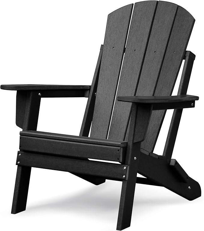 GOWE Folding Outdoor Adirondack Chair with Ottoman,HDPE All-Weather Folding Fire Pit Chair, Ergonomic Design Patio Lawn Chair for Outside Deck Garden Backyardf Balcony,Black