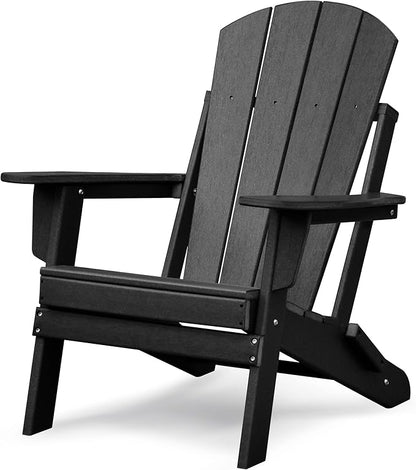 GOWE Folding Outdoor Adirondack Chair with Ottoman,HDPE All-Weather Folding Fire Pit Chair, Ergonomic Design Patio Lawn Chair for Outside Deck Garden Backyardf Balcony,Black