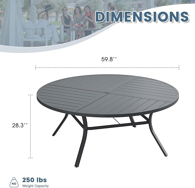 DIFY 59.8" Round Outdoor Patio Dining Table for 8-10, All-Weather Metal Steel Slatted Patio Table with 1.57" Adjustable Umbrella Hole for Garden, Backyard, Deck, Grey