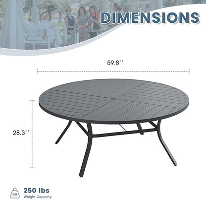 DIFY 59.8" Round Outdoor Patio Dining Table for 8-10, All-Weather Metal Steel Slatted Patio Table with 1.57" Adjustable Umbrella Hole for Garden, Backyard, Deck, Grey