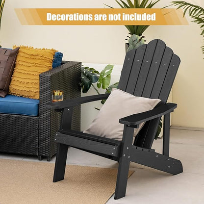 Giantex Outdoor Adirondack Chair - Oversized Patio Chairs w/Hidden Cup Holder, Realistic Wood Grain, 380 LBS Weight Capacity, Weather Resistant Firepit Chairs for Backyard, Garden (1, Black)
