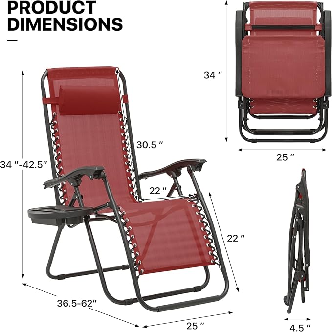 MoNiBloom Zero Gravity Chair Outdoor Folding Patio Lounge Chair for Outside Reclining Lawn Chair Recliner Beach Chair for Adults, Maroon