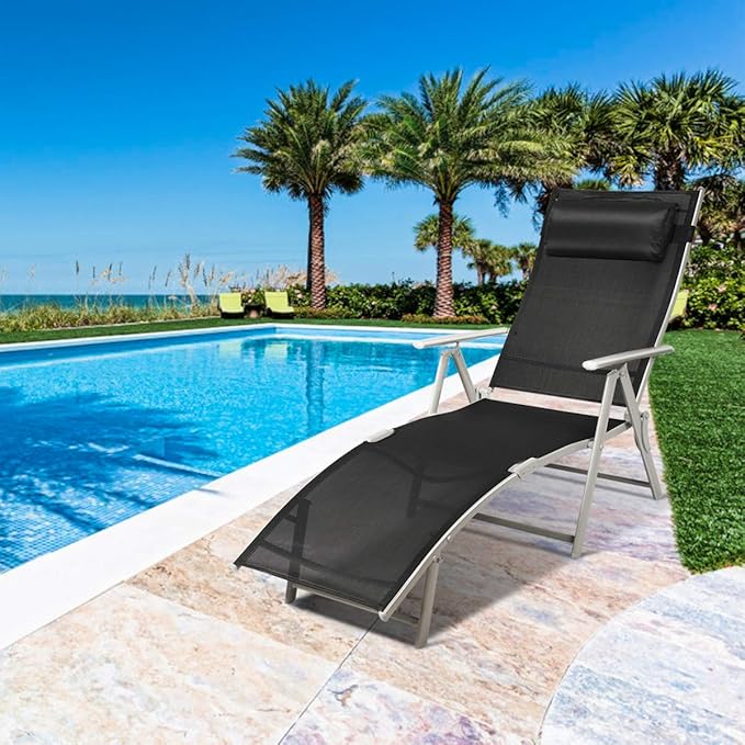 COSTWAY Outdoor Folding Chaise Lounge Chair, Lightweight 7-Gear Adjustable Recliner with Neck Pillow, No Assembly - Photo 1