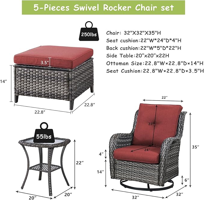 Rilyson Wicker Patio Furniture Set - 5 Piece Rattan Outdoor Sectional Conversation Sets with 2 Swivel Rocking Chairs - Photo 2