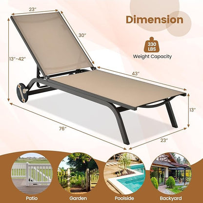 COSTWAY Outdoor Patio Chaise Lounge, 6-Position Adjustable Pool Lounger with Stable Aluminum Frame, Portable Sun Bathing Lounge Chair on Wheels for Backyard Garden, Brown