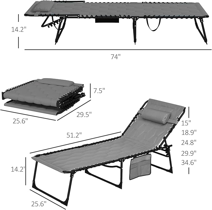 Outsunny Padded Folding Chaise Lounge Chair Outdoor Set of 2, 5-Level Reclining Patio Loungers, Tanning Chairs with Side Pocket, Headrest and Carrying Handle for Beach, Yard, Patio, Gray