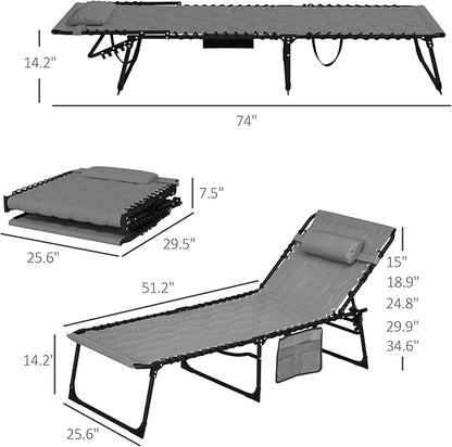 Outsunny Padded Folding Chaise Lounge Chair Outdoor Set of 2, 5-Level Reclining Patio Loungers, Tanning Chairs with Side Pocket, Headrest and Carrying Handle for Beach, Yard, Patio, Gray