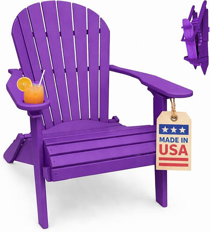 Ecommersify Folding Adirondack Chair with Cup Holder - (Bright Purple) - Heavy Duty Recycled Poly Lumber Folding Chair - Amish Crafted Outdoor Furniture - Made in USA