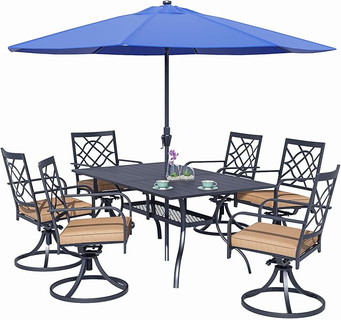 SUNCROWN 7 Pieces Outdoor Dining Set Metal Swivel Cushioned Chairs Patio Furniture Sets with Steel Slat Bistro Table and Dark Blue 10Ft Patio Umbrella for Backyard, Lawn, Garden