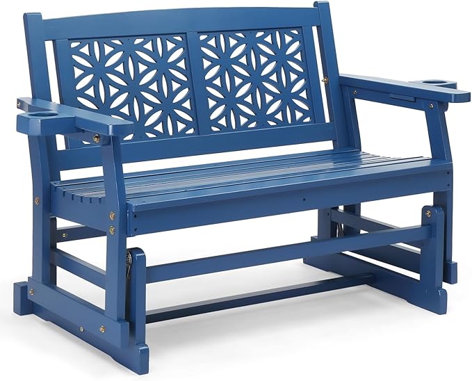 VINGLI Fir Wood Outdoor Glider with Floral Backrest, Wooden Patio Gliding Bench with Cup Holders, Smooth Rocking Chair for Garden, Yard & Porch (Blue, 4FT)