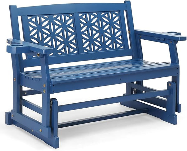 VINGLI Fir Wood Outdoor Glider with Floral Backrest, Wooden Patio Gliding Bench with Cup Holders - Photo 1