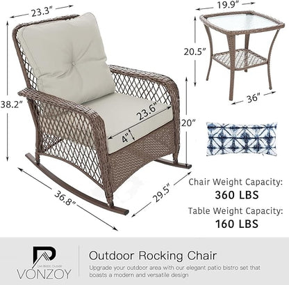 Patio Furniture Set 3 Pieces, Rocking Bistro Set with Thick Cushions, Brown Wicker Outdoor Rocker Chairs and Coffee Table for Porch, Backyard or Garden (Pale White)