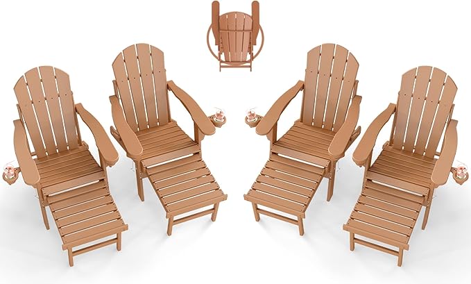 BRIOPAWS Adirondack-Chairs-with-Pull-Out-Footrest | Set of 4 | Folding | HDPE Plastic | Fire Pit Chair | All Weather | Cup Holders | Curved Back | Retractable Ottoman | for Poolside Deck | Teak