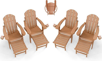 BRIOPAWS Adirondack-Chairs-with-Pull-Out-Footrest | Set of 4 | Folding | HDPE Plastic | Fire Pit Chair | All Weather | Cup Holders | Curved Back | Retractable Ottoman | for Poolside Deck | Teak