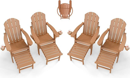 BRIOPAWS Adirondack-Chairs-with-Pull-Out-Footrest | Set of 4 | Folding | HDPE Plastic | Fire Pit Chair | All Weather | Cup Holders | Curved Back | Retractable Ottoman | for Poolside Deck | Teak