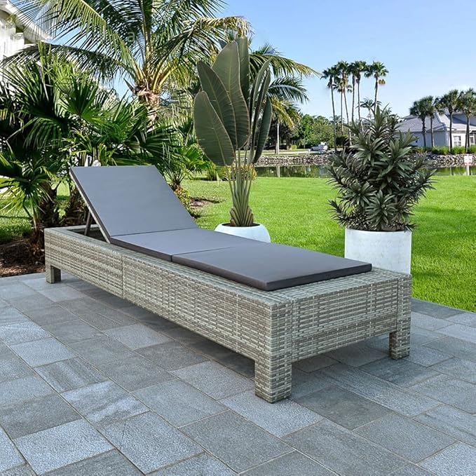 Adjustable Sun Lounger with Cushion, Grey PE Rattan Outdoor Chaise Lounge for Pool Patio Garden, Weather-Resistant Powder Coated Steel Frame, 265 lbs Capacity