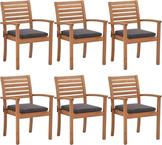 OC Orange-Casual Stackable Patio Dining Chairs Set of 6, Outdoor Acacia Wooden Chairs w/Armrest & Removeable Fabric Cushion, for Porch, Backyard, Garden, Indoor, Dark Grey