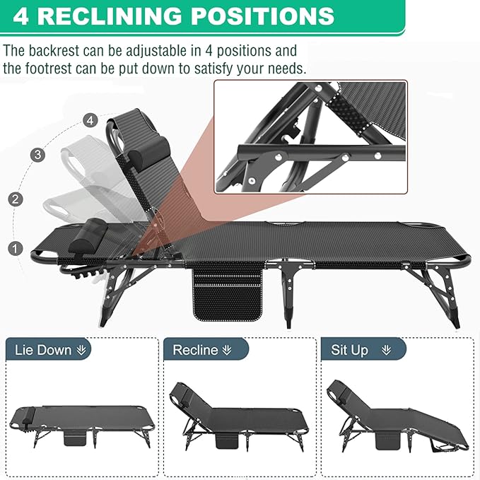 LILYPELLE Folding Outside Chaise Lounge Chair with Mattress, 5 Position Adjustable Patio Folding Lounge Chair Reclining Chairs Perfect for Outside, Sunbathing, Camping, Pool, Beach, Patio, Noble Gray