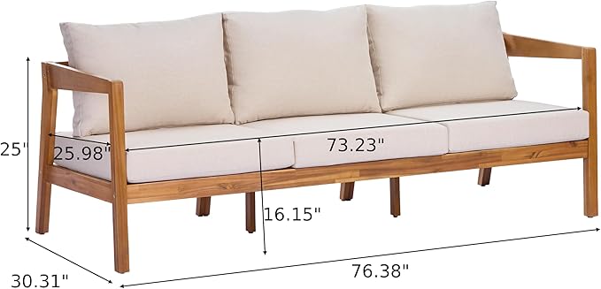 Merax 76.38" Acacia Solid Wood 3-Seater Outdoor Patio Sofa, Teak Finish with Beige Cushions - Photo 2