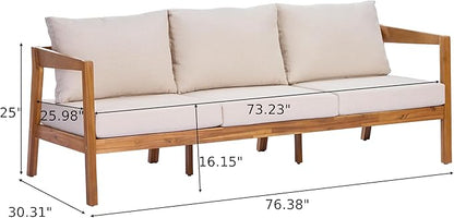 Merax 76.38" Acacia Solid Wood 3-Seater Outdoor Patio Sofa, Teak Finish with Beige Cushions, Lounge Sofa for Garden & Patio, Teak+Beige