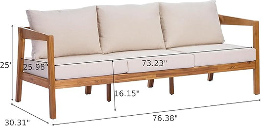 Merax 76.38" Acacia Solid Wood 3-Seater Outdoor Patio Sofa, Teak Finish with Beige Cushions, Lounge Sofa for Garden & Patio, Teak+Beige