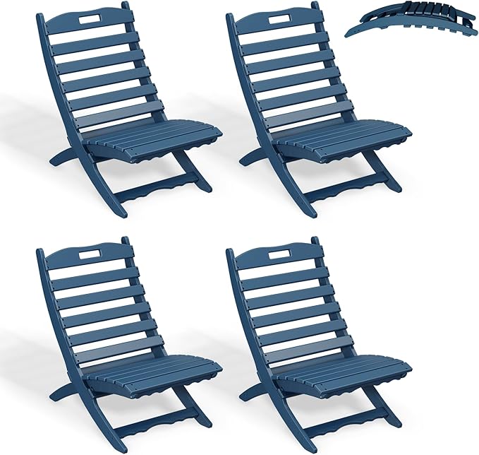 GREENVINES Folding-Xavier-Chairs Set of 4 | Wave | Portable Adirondack-Chair | HDPE Plastic | All Weather Fire-Pit Chair | Blue | for Beach Outdoor Deck Poolside Garden Patio Porch Fishing