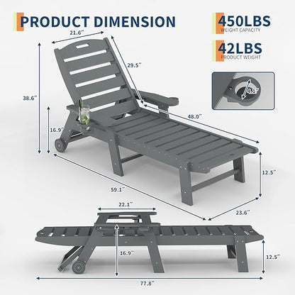 Garvee Oversize 5-Position HDPE Outdoor Chaise Lounge Chair with Rolling Wheels – Pool Lounge for Patio, Beach & Camping, Gray