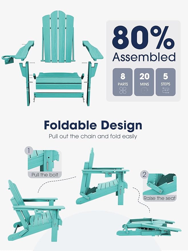 KINGYES Adjustable Folding Adirondack Chair Set of 2, 3-Position Reclining Adirondack Chairs with Cup Holder - Photo 6
