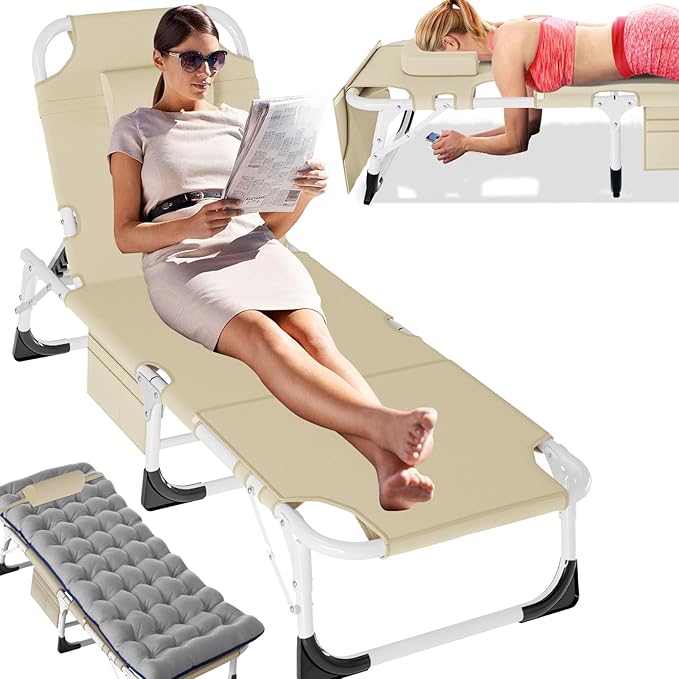 Slsy Folding Chaise Patio Lounge Chairs, Outdoor Reclining Patio Chairs, Heavy Duty Patio Chairs Chaise Lounges for Tanning, Poolside, Beach, Lawn, Camping