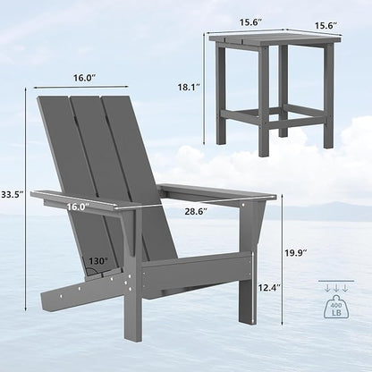 3-Piece HDPE Adirondack Chair Set (2 Chairs + Table) - Heavy Duty All-Weather Plastic Lumber, Wood-Look Patio Furniture for Deck, Garden, Poolside - Grey