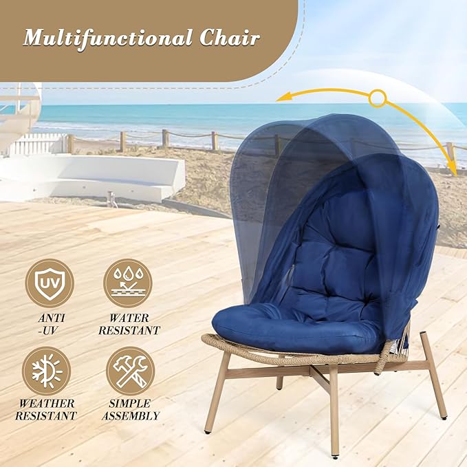 Athena Collection Patio Wicker Egg Chair with Folding Canopy, All-Weather Rattan Patio Lounge Chair with Sun Shade, Balcony Furniture Outside Seating for Front Porch, Garden, Poolside, Outdoor, Blue