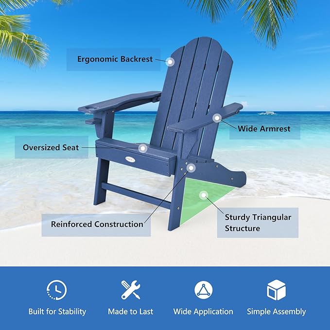 Tangkula Adirondack Chair Outdoor, Fade Resistant HDPE Armchairs with Cup Holder, Weather Resistant Lounger Chairs for Patio Garden Backyard Deck, Lawn Porch Seating, Adirondack Lounger (1, Navy)