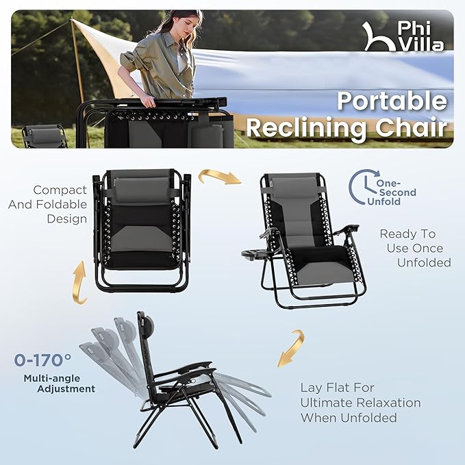 PHI VILLA Zero Gravity Chair Set of 2, Padded Anti Gravity Recliner, Oversized 28" Wide Seat, Foldable Patio Lounger with Armrest & Cup Holder, Supports 400 LBS (Grey)