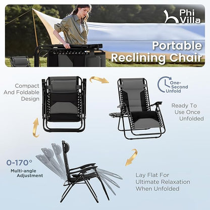 PHI VILLA Zero Gravity Chair Set of 2, Padded Anti Gravity Recliner, Oversized 28" Wide Seat, Foldable Patio Lounger with Armrest & Cup Holder, Supports 400 LBS (Grey)