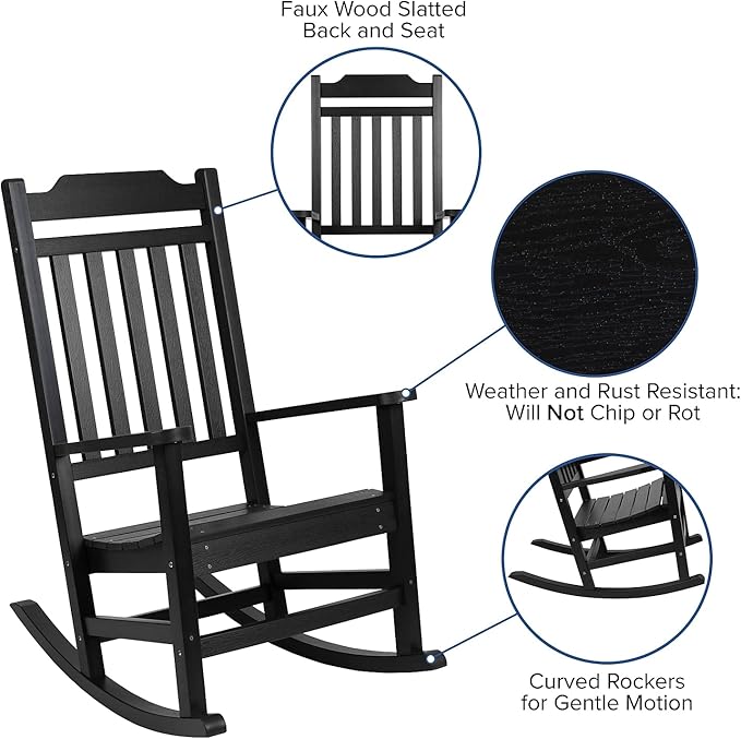 Flash Furniture Winston Set of 2 Rocking Chairs with Side Table - Black Poly Resin - Weather Resistant - Photo 4